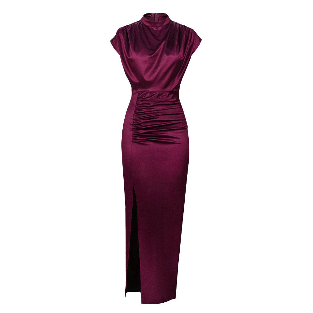 Turtleneck Satin Solid Color Slit Hemline Style Dress