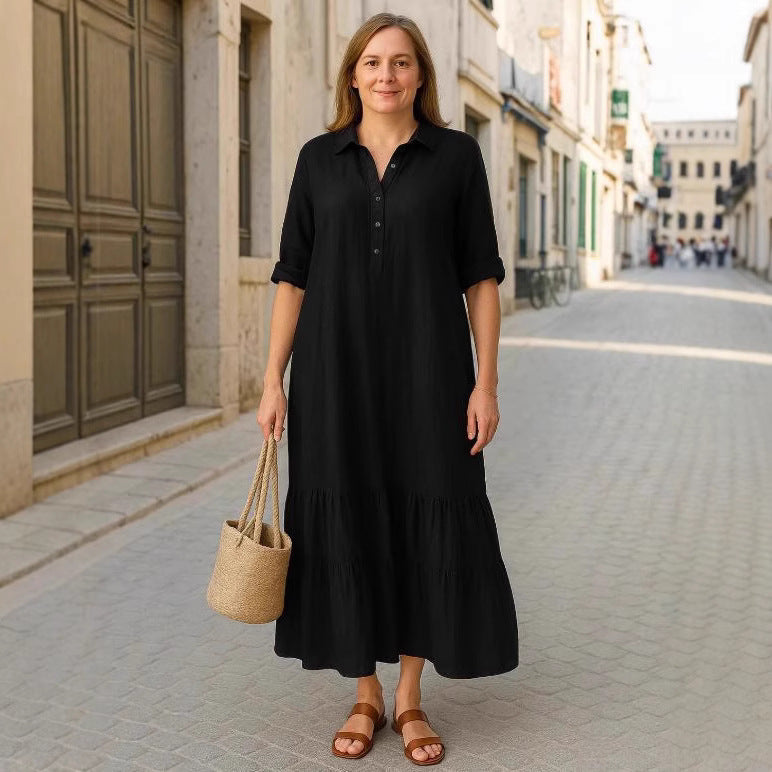 Long Irregular Shirt Collar Button Casual Dress