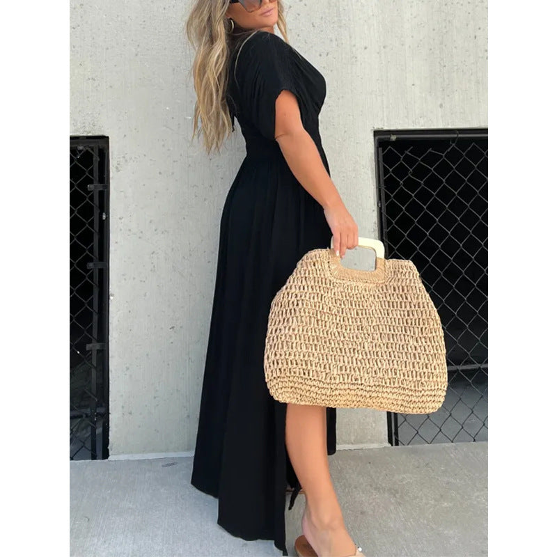 Color Bat Sleeve Elastic Waisted Slimming Dresses