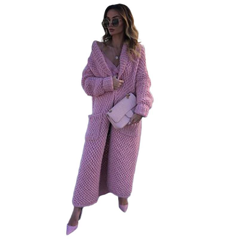 Women's Winter Lapel Knitted Solid Color Long Sweaters