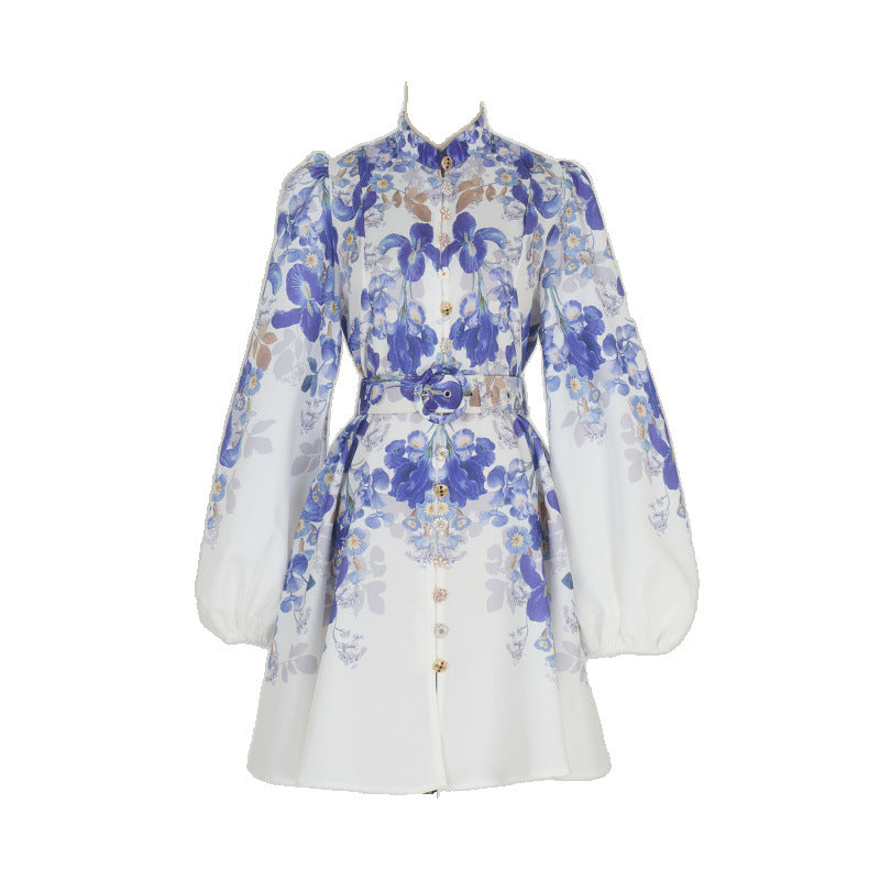 Design High Version Single-breasted Stand-up Collar Puff Sleeve Dresses