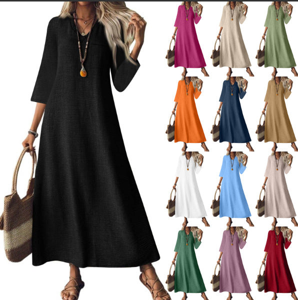 Zipper Sleeve Cotton Linen Solid Color Dress