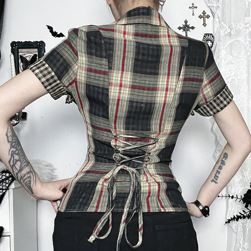 Women's Dark Plaid Shirt Hot Style Zipper Blouses