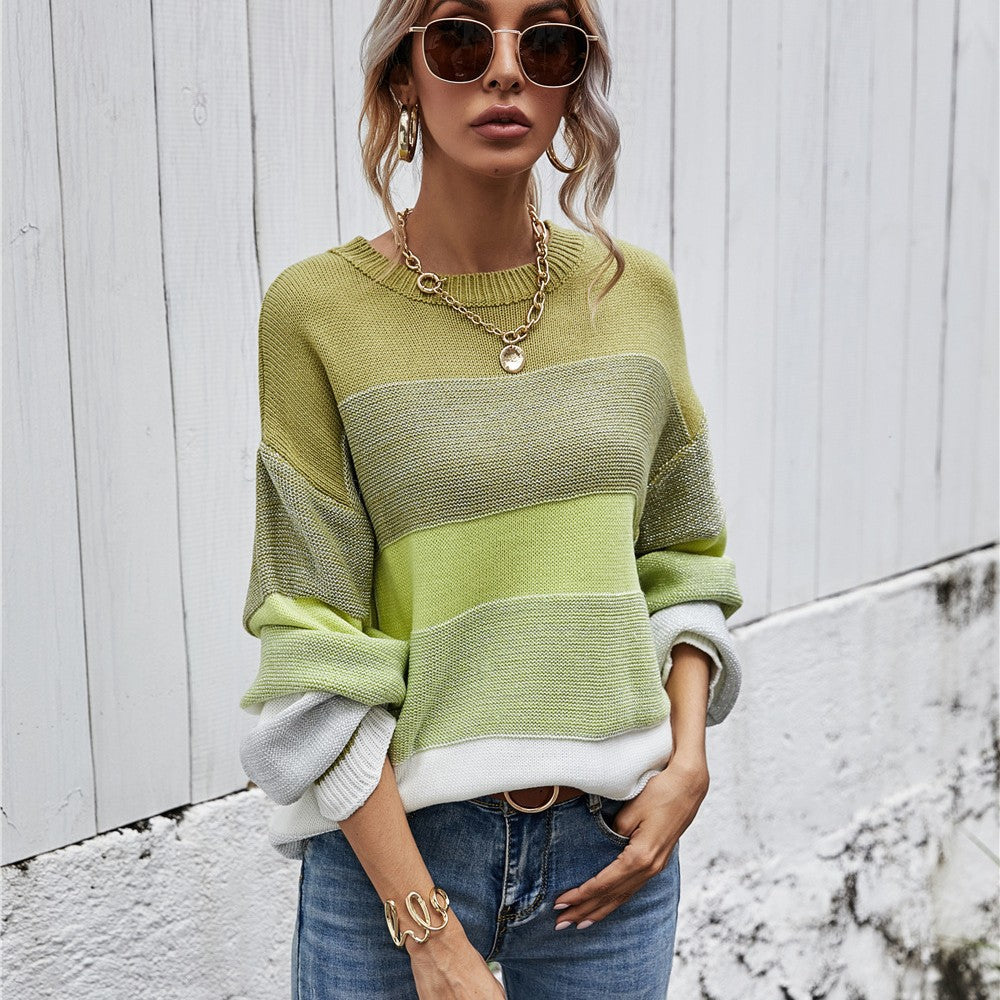 Women's Patchwork Round Neck Fashion Personalized Striped Women's Sweater