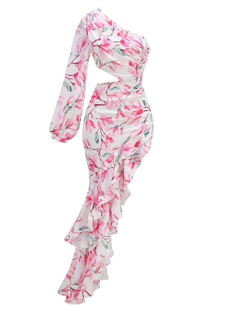 Women's Sexy Oblique Shoulder Single Sleeve Irregular Ruffled Dresses