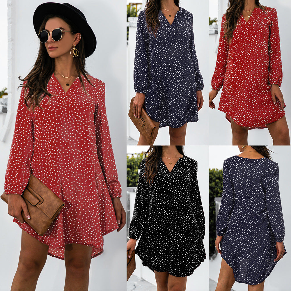Women's Polka Dot Long Puff Sleeve Shirt Dress