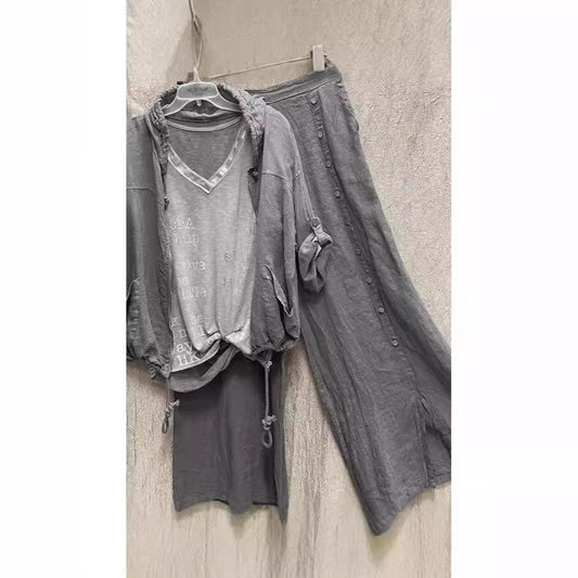 Women's Color Washed Distressed Straight Two Pieces Suits