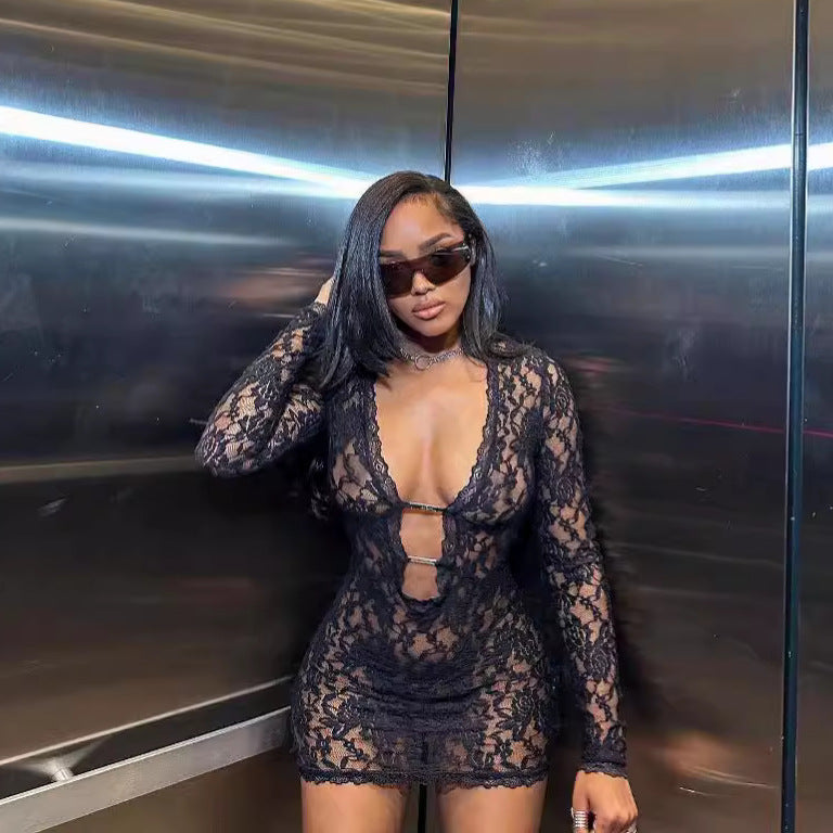 Women's Lace Sexy Low Collar Hollow Long Sleeve Jumpsuits