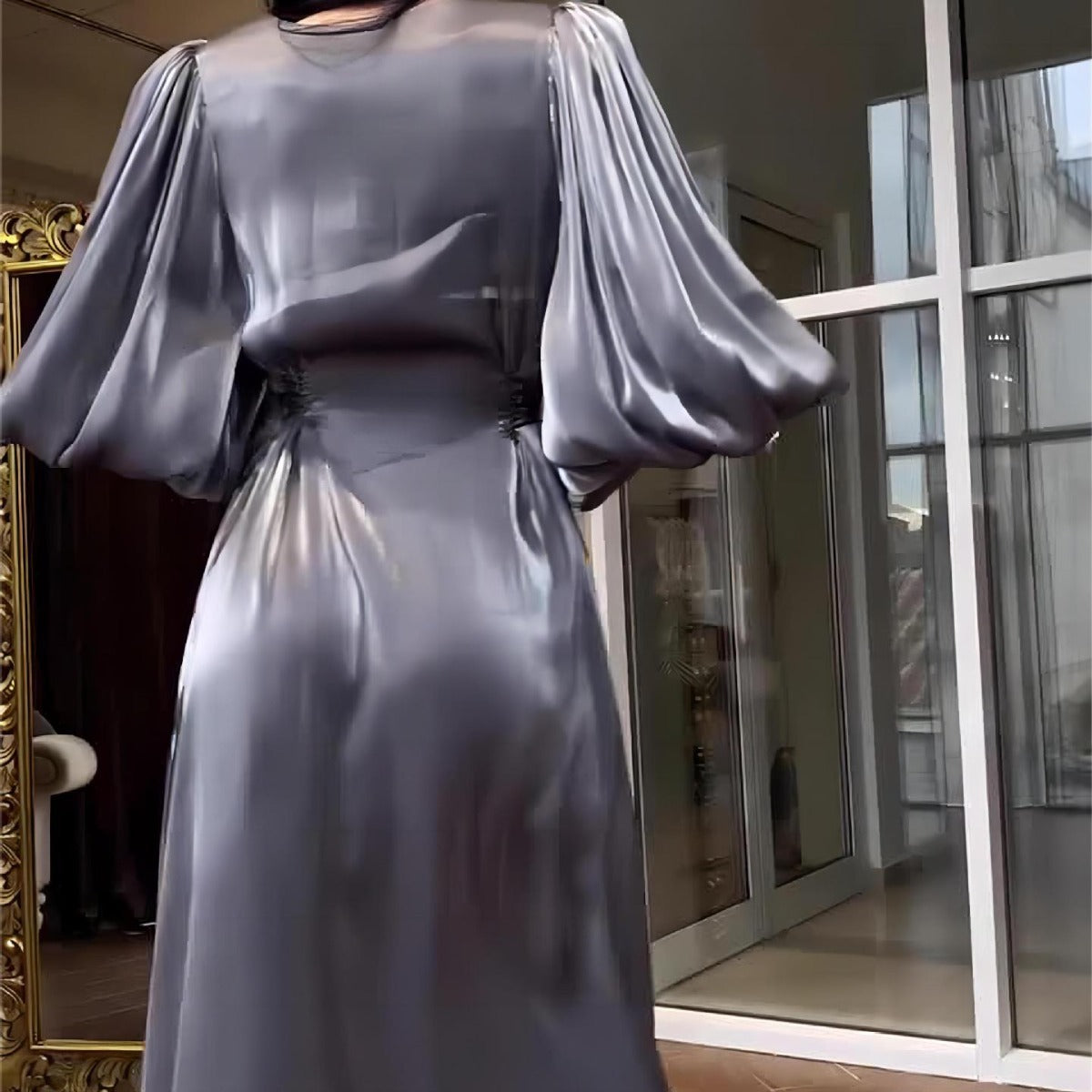 Women's Lantern Sleeve Long Satin Lace Up Dresses