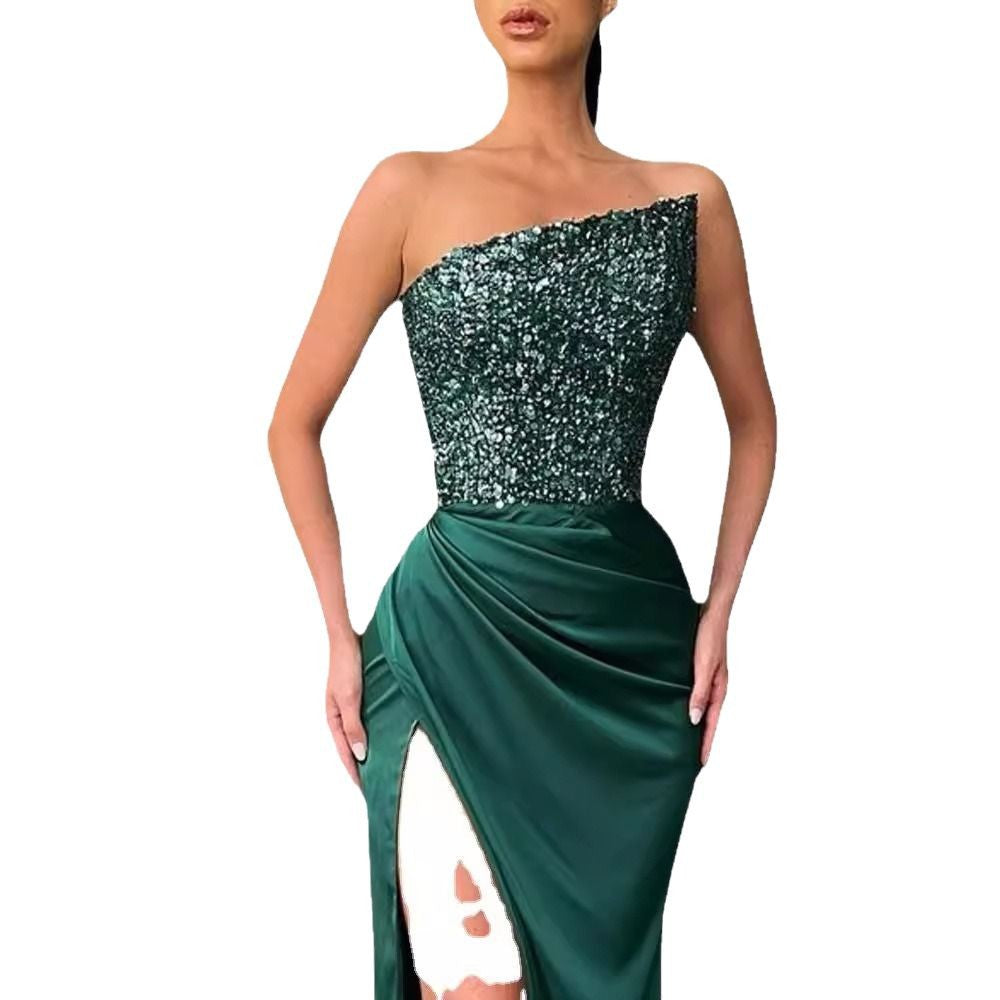 Sequined Fairy Long Sleeveless Fashion One-piece Temperament Evening Dresses