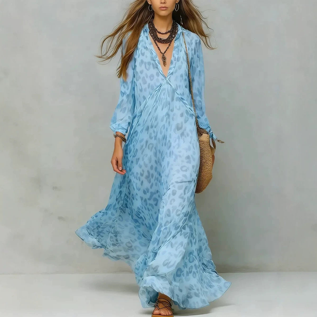 Women's Leopard Print Chiffon Long Sleeve Deep Dress