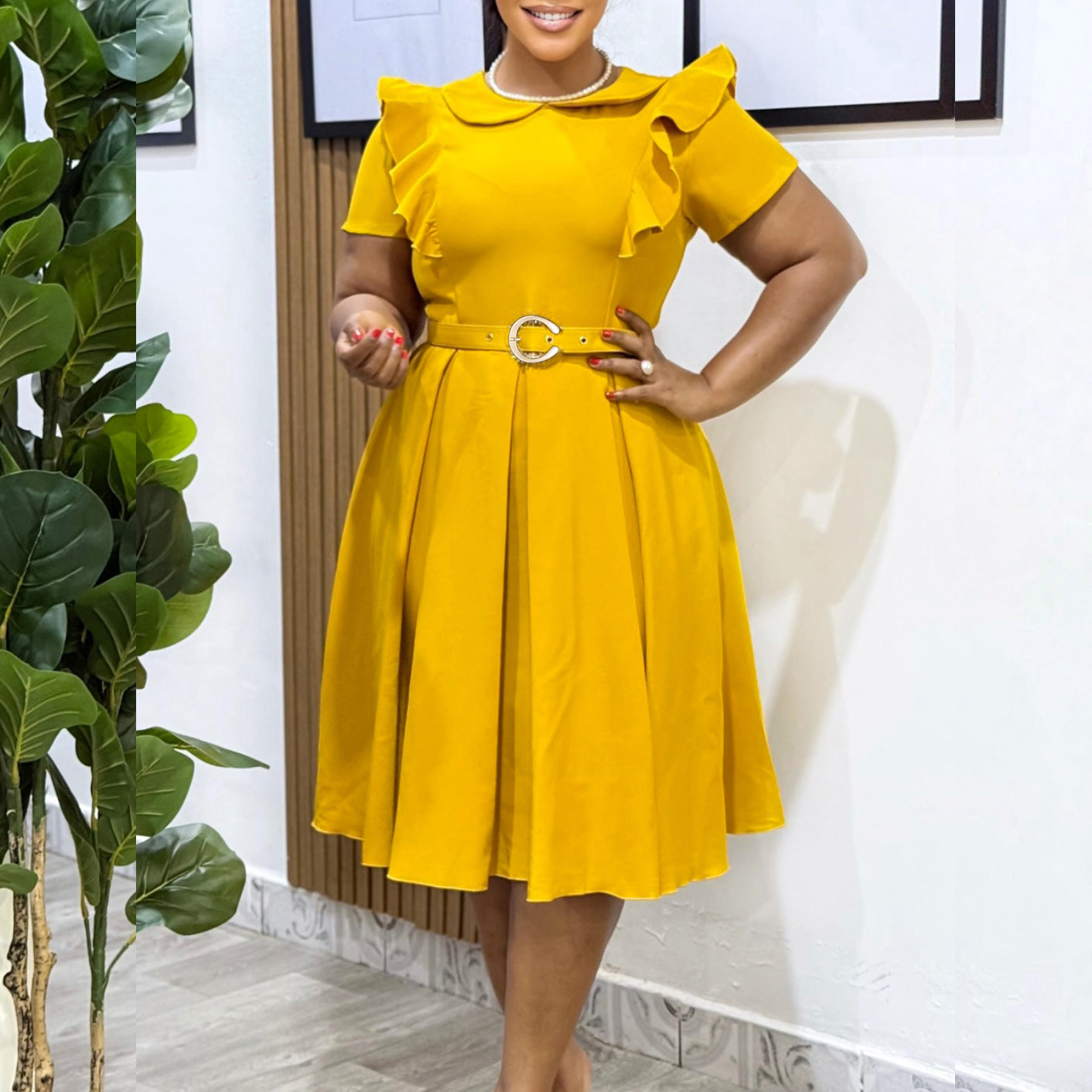 Women's Doll Collar Solid Color Ruffled High Dress