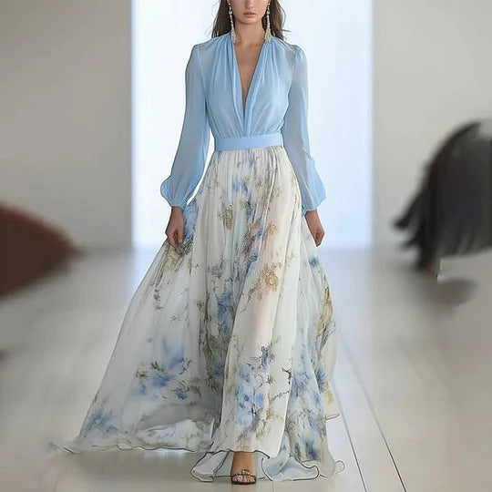 Women's Digital Printing Long Sleeve Collar Patchwork Dress
