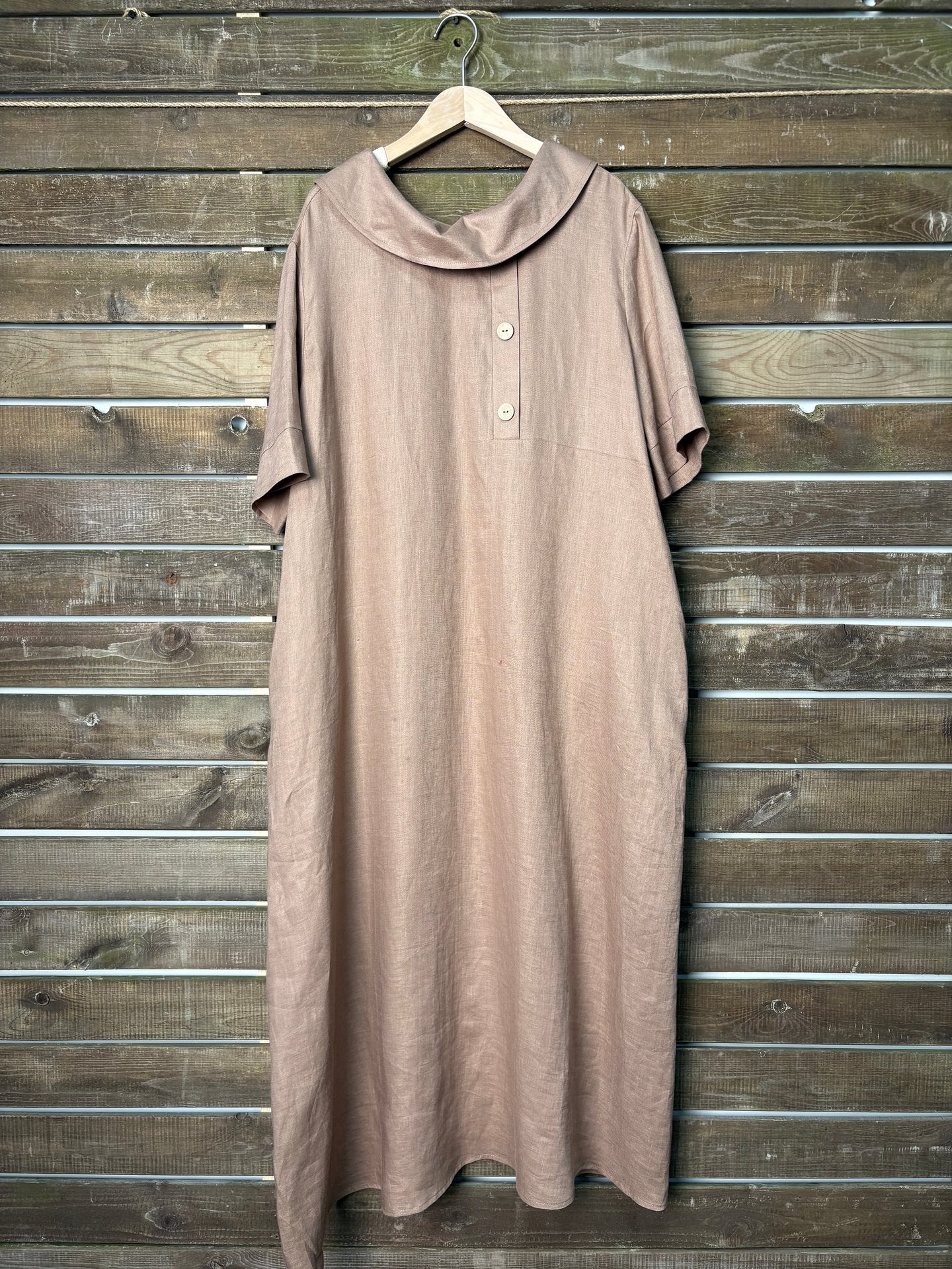 Women's Cotton Linen Casual Loose Pile Collar Sleeve Dress