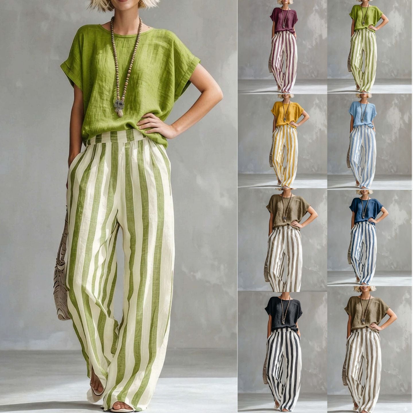 Women's Round Neck Straight Striped Trousers Fashion Casual Suit