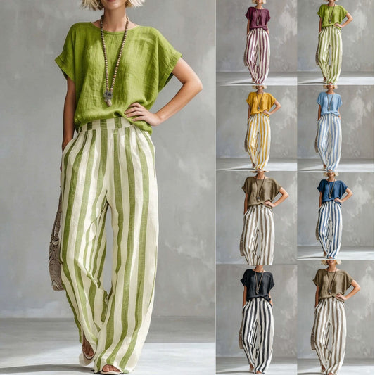 Women's Round Neck Straight Striped Trousers Fashion Casual Suit