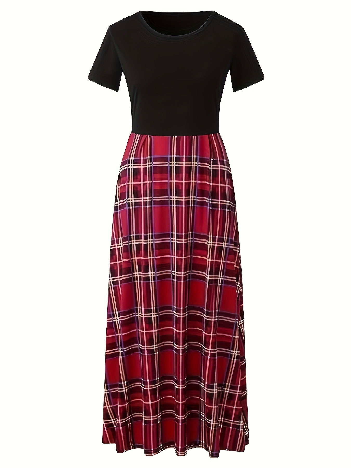 Women's Neck Stitching Contrast Color Check Fashion Casual Swing Dress