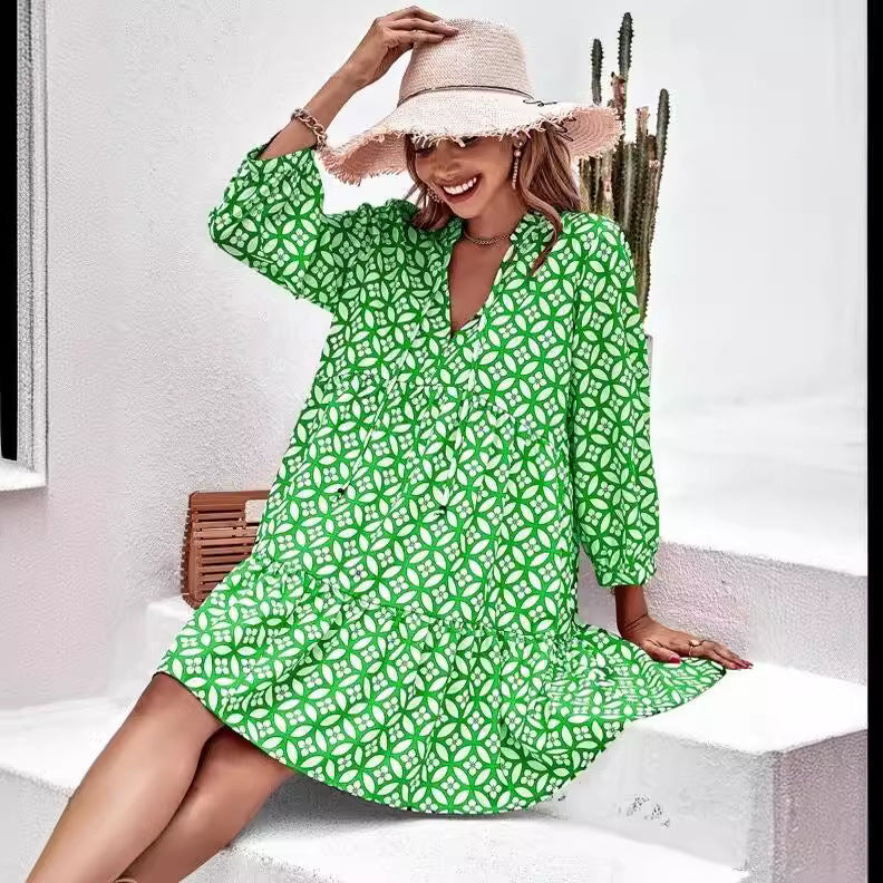 Fresh Printed Temperament Niche Floral Three-quarter Sleeve Dress