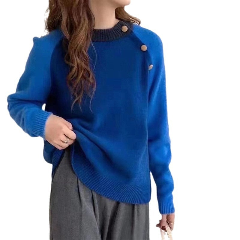 Women's Contrast Color Crew Neck Pullover Casual Irregular Diagonal Sweater