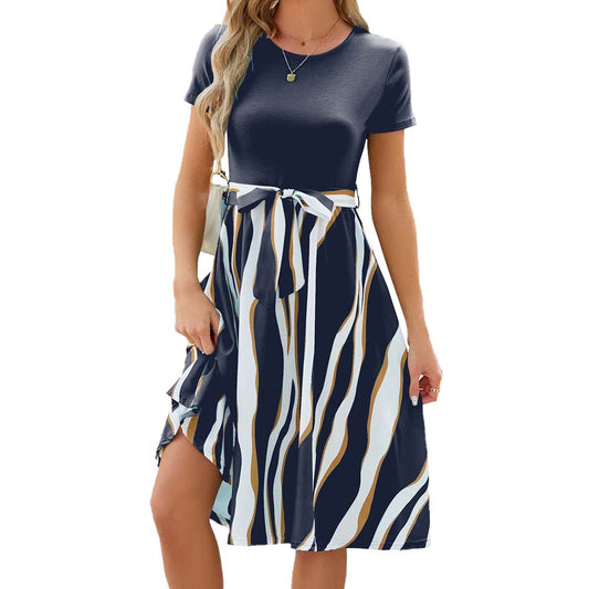 Round Neck Stitching Printing Sleeve Large Dresses