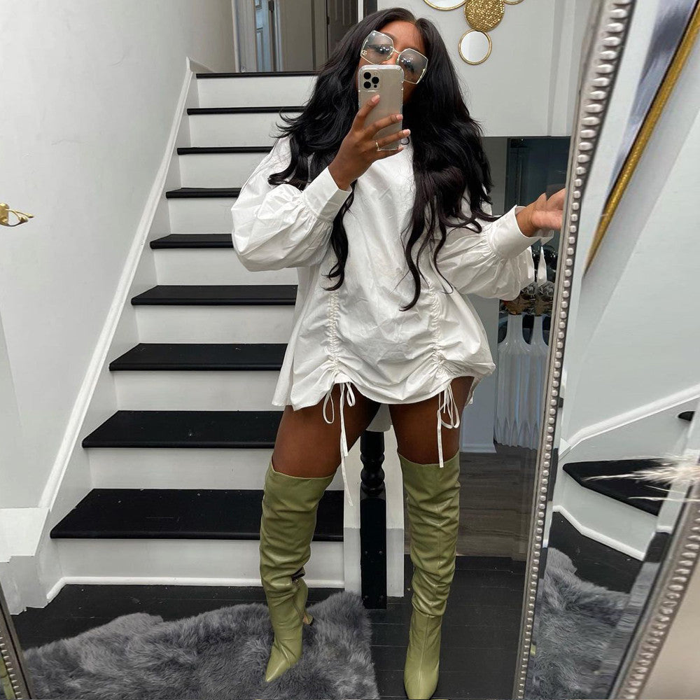 Women's Fashion Drawstring Loose-fitting Solid Color Long Sleeves Mini Sexy 2 Dress