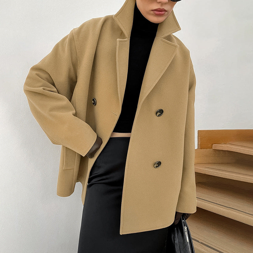 Women's Woolen Mid-length Loose Thick Brown Double-breasted Coats