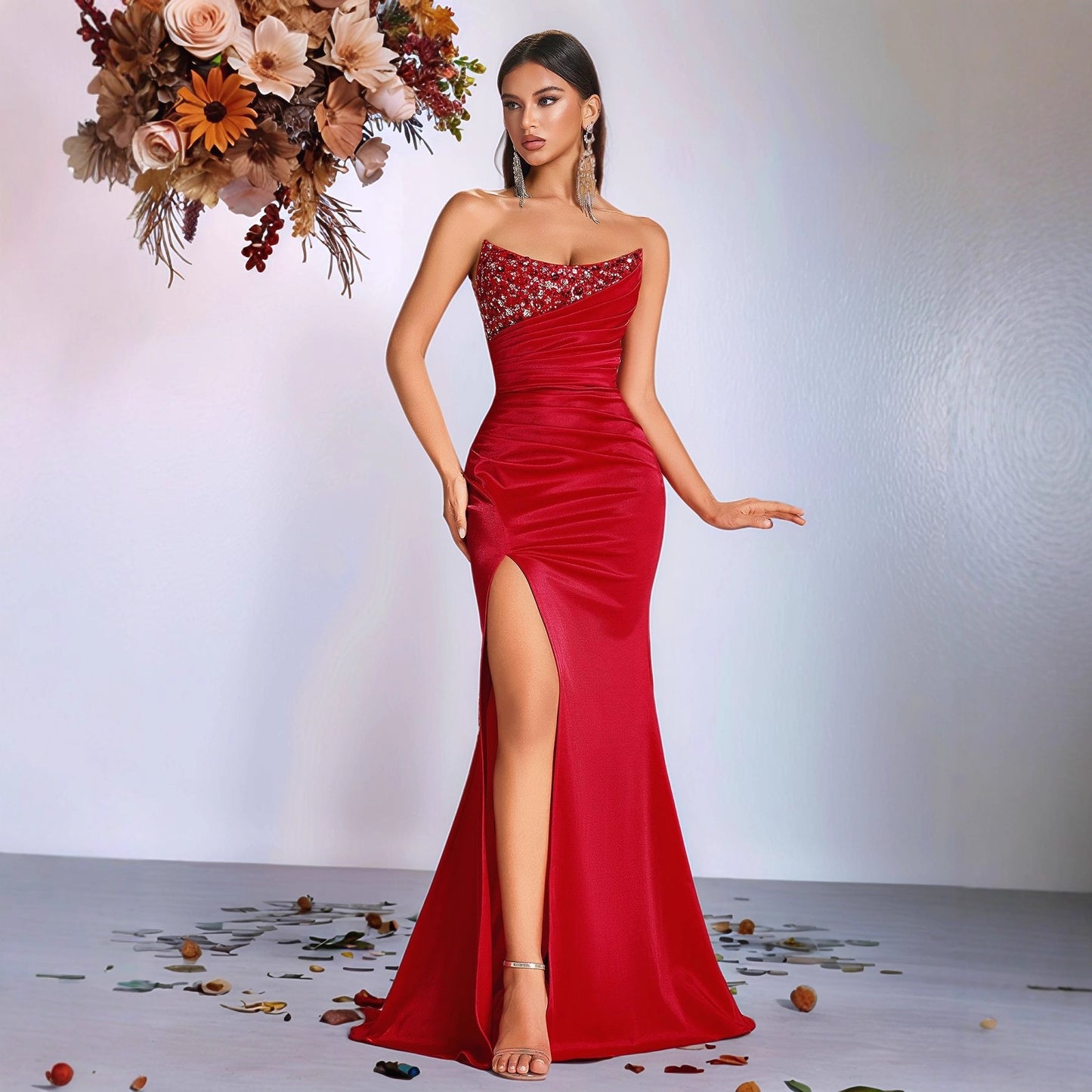 Pure Color Sequined Rhinestone Slit Banquet Dress