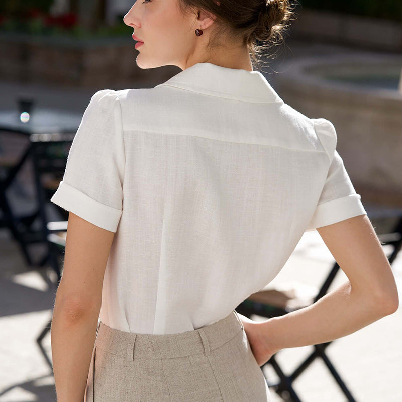 Summer White Linen Lapel Straight Shirt Slimming Elegant Blouses
