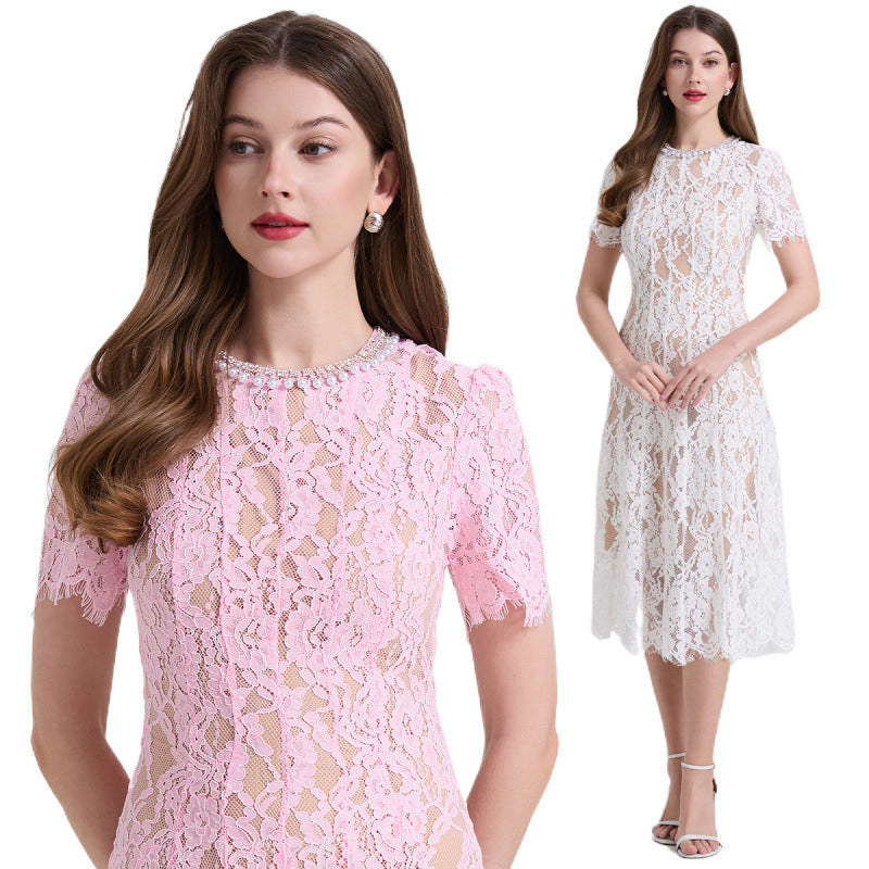 Women's Gold Style Diamond Decorations Pearl Beaded Collar Dresses