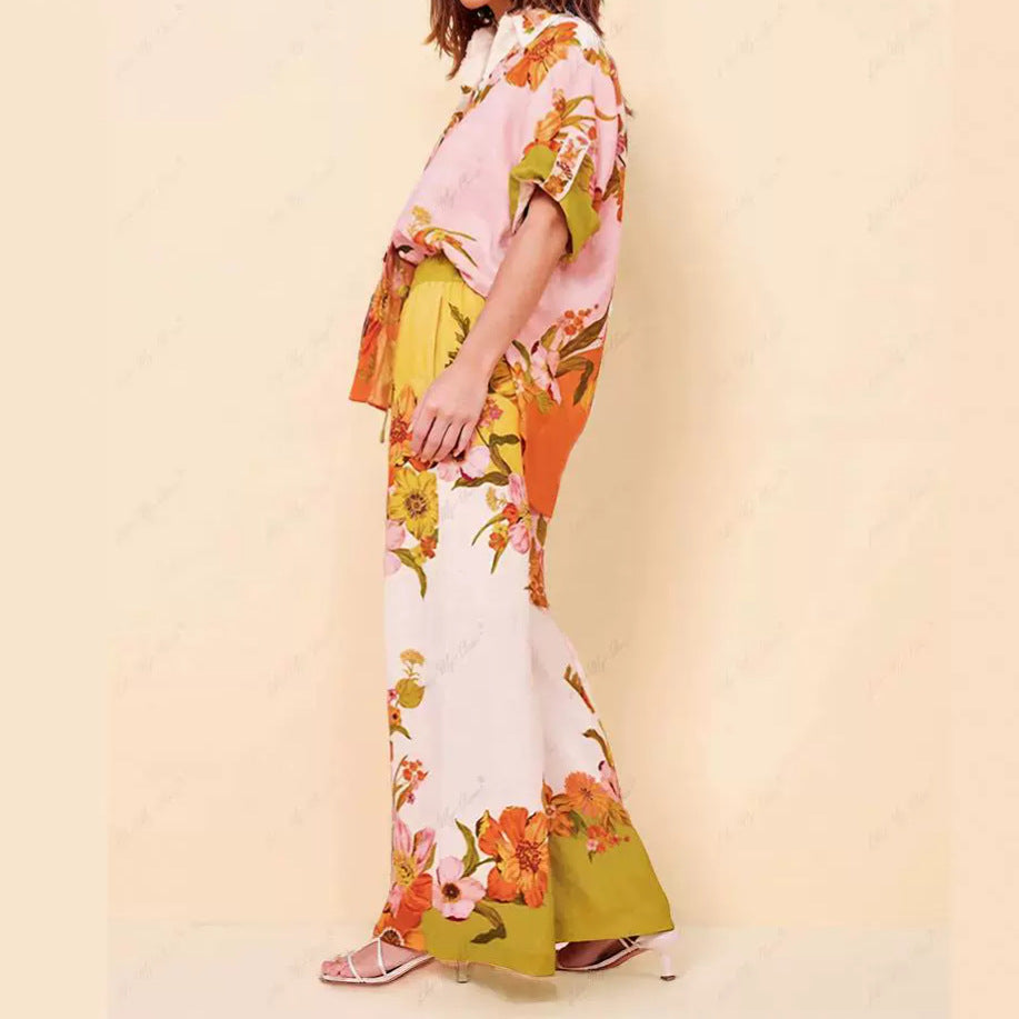 Women's Floral Print Sleeve Color Matching Tether Trousers Fashion Casual Suit