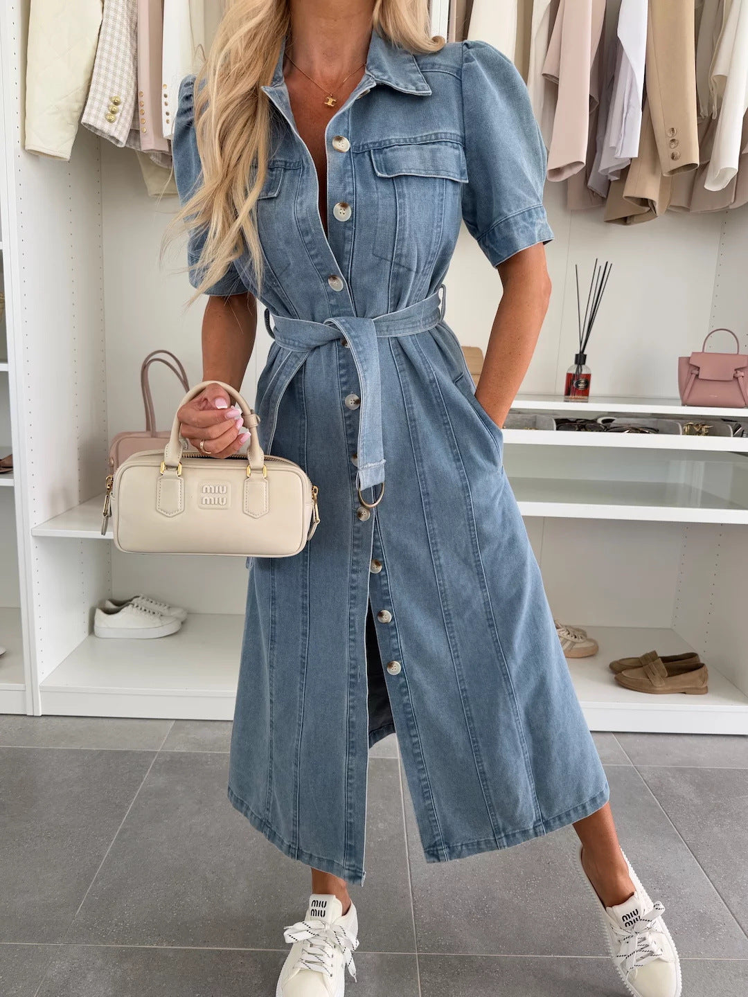 Women's Summer Lapel Tied Single-breasted Short-sleeved Denim Dresses
