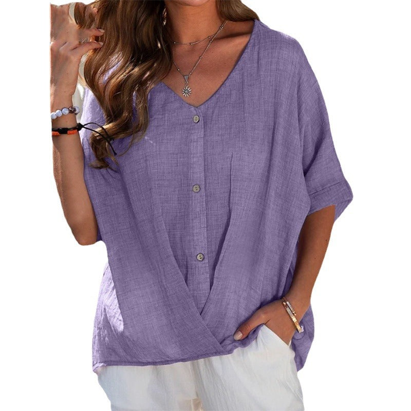 Women's Cotton Linen Button Pullover Sleeve Loose Tops