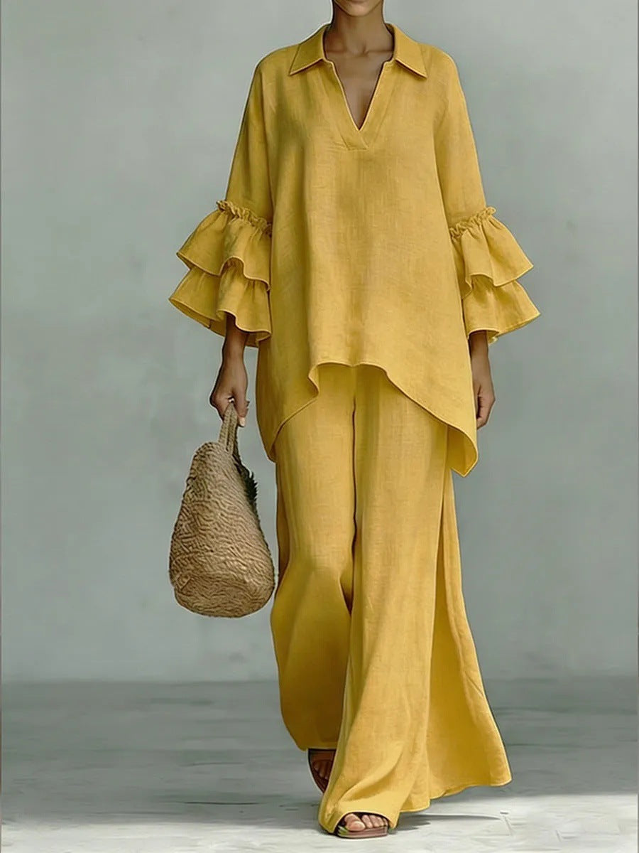 Women's Solid Color Shirt Collar Loose Trousers Fashion Casual Suit
