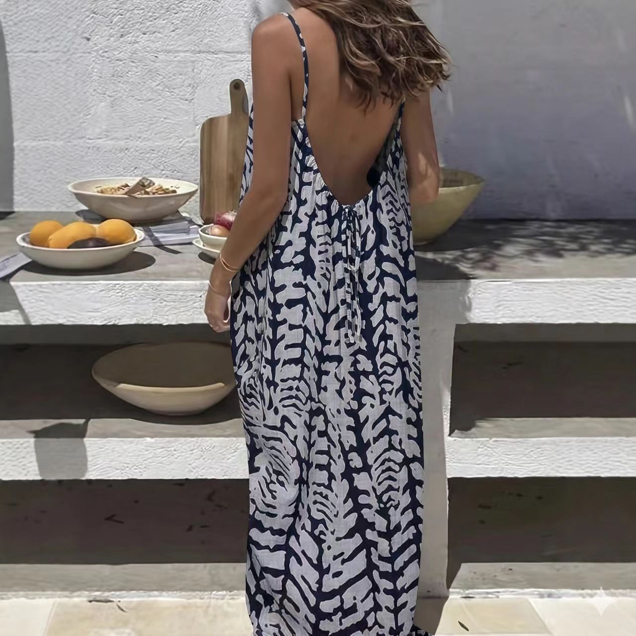 Women's Sling Backless Loose Leisure Pajamas Printed Dress