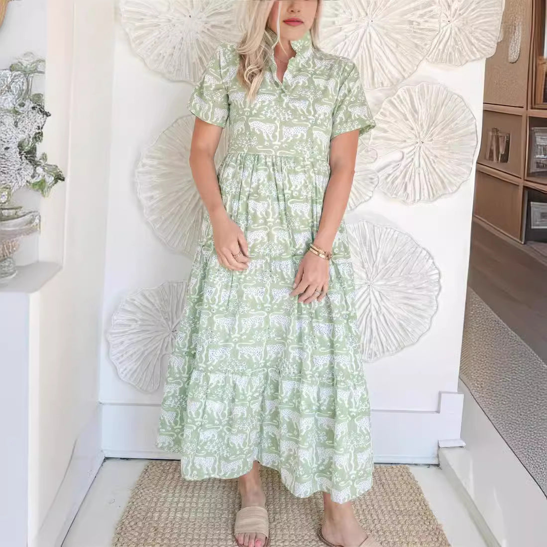 Summer Leopard Print Sleeve Pocket Long Dresses