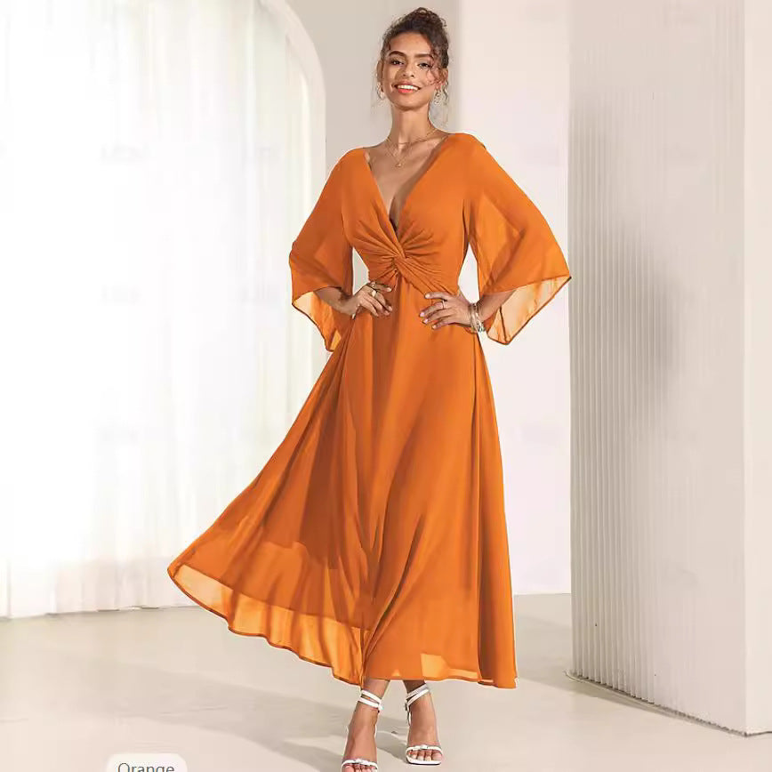 Solid Color Collar Bell Sleeve Maxi Party Dress