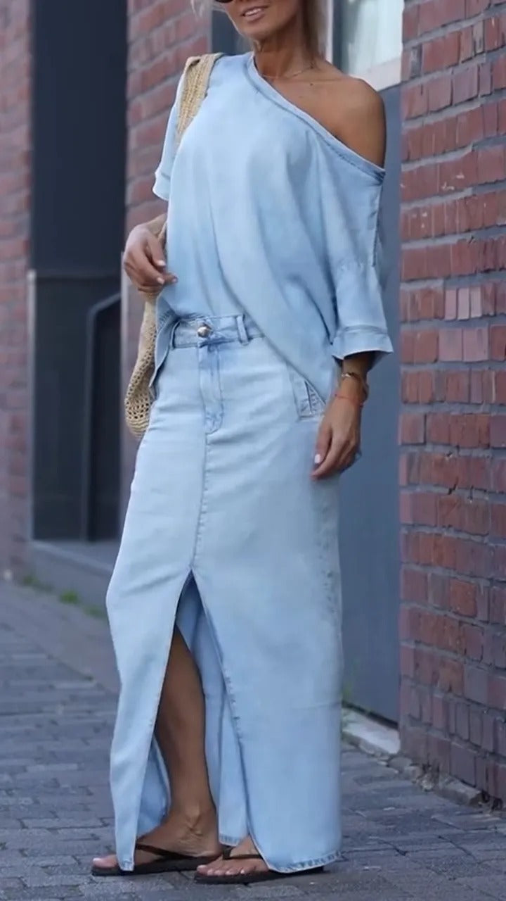 Women's Elegant Denim Shoulder Two-piece Set Suits
