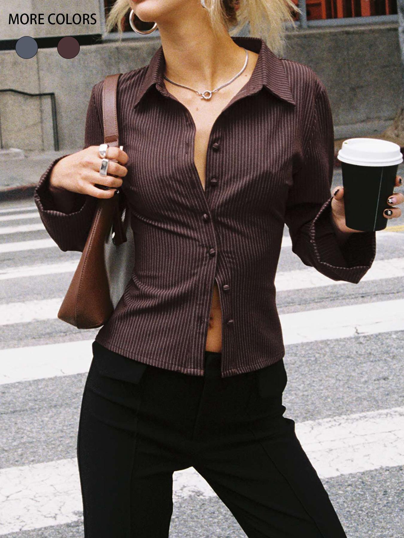 Lapel Breasted Long-sleeved Shirt Slim Striped Blouses