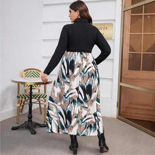 Women's Long Dress Multicolor Printing Turtleneck Fat Dresses