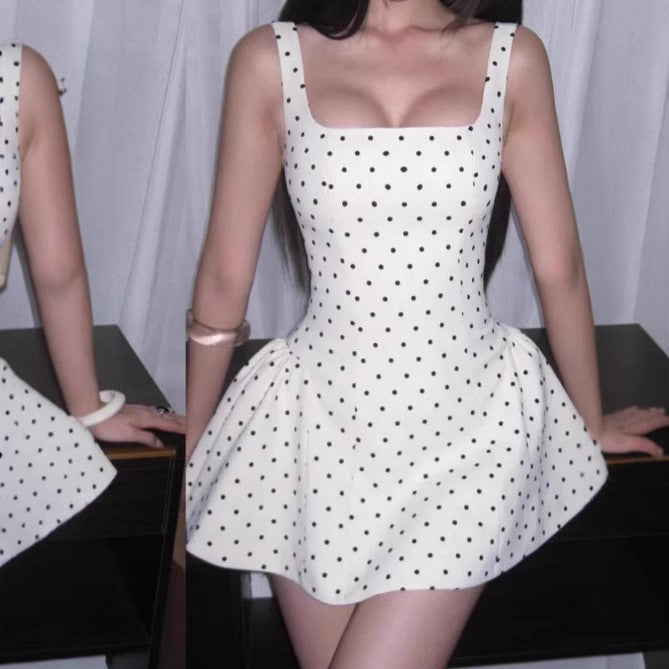 French Polka Dot Dress Fitted Waist Backless Dresses