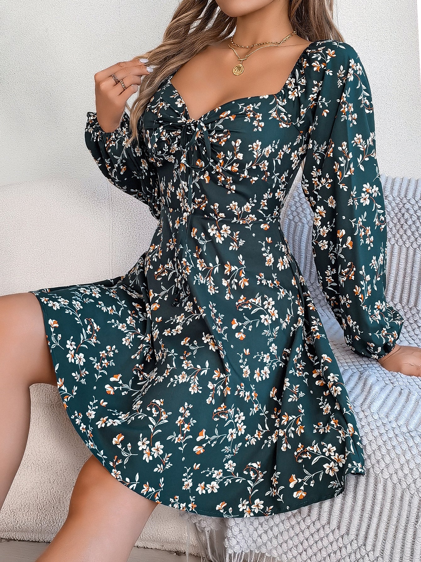 Women's Sexy Lacing Square Collar Floral Print Long Dress