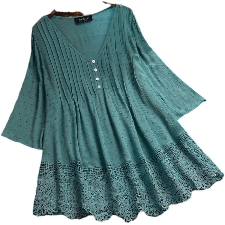 Women's Summer Jacquard Pleated Lace Hollow Out Blouses