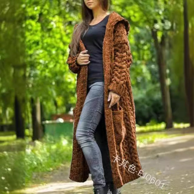 Women's Thickened Twist Braid Hooded Long Sweaters