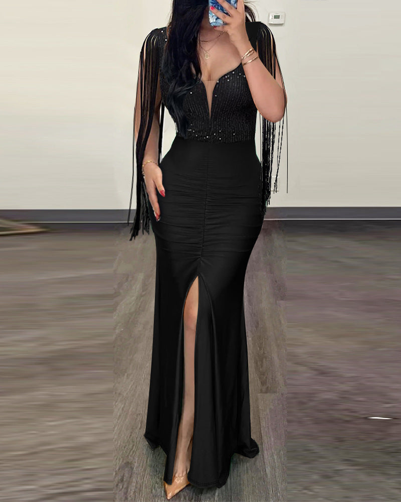Sequin Sheath Sexy Crew Neck Split Fringe Dress