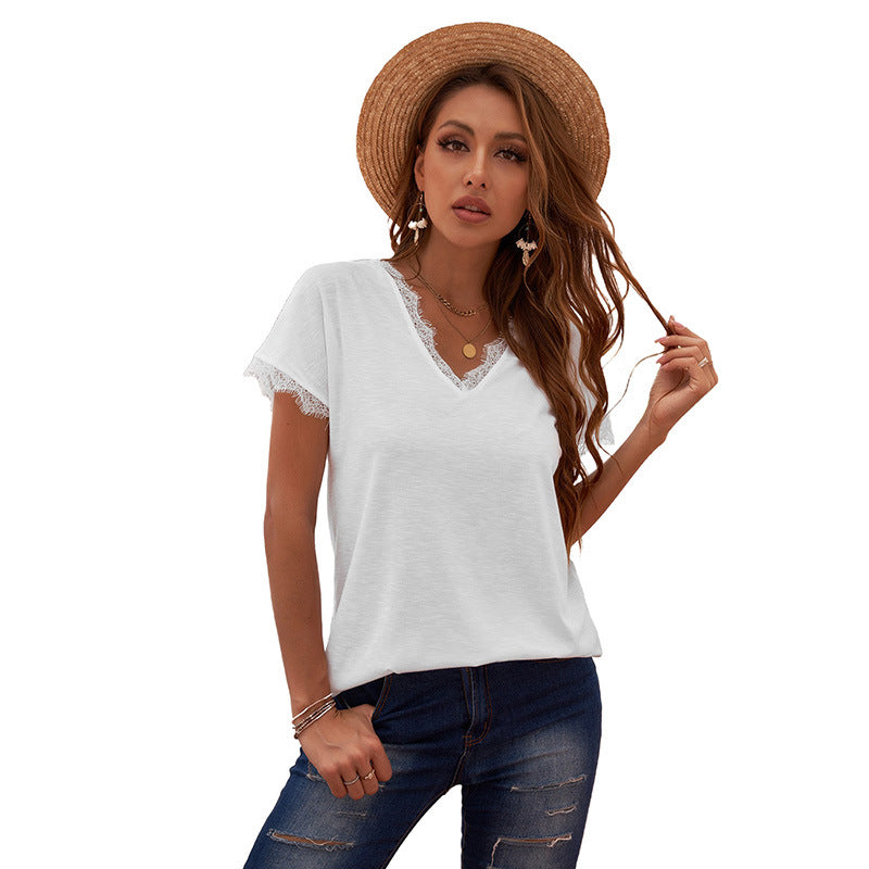 Women's T-shirt Sexy Lace Stitching Casual Short-sleeved Blouses