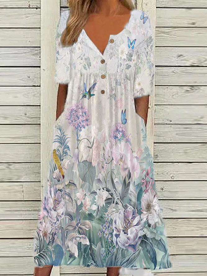 Women's Printed Pocket Clinch Long Dress Plus Size
