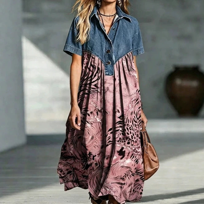 Women's Casual Fashion Denim Stitching Loose Retro Dress
