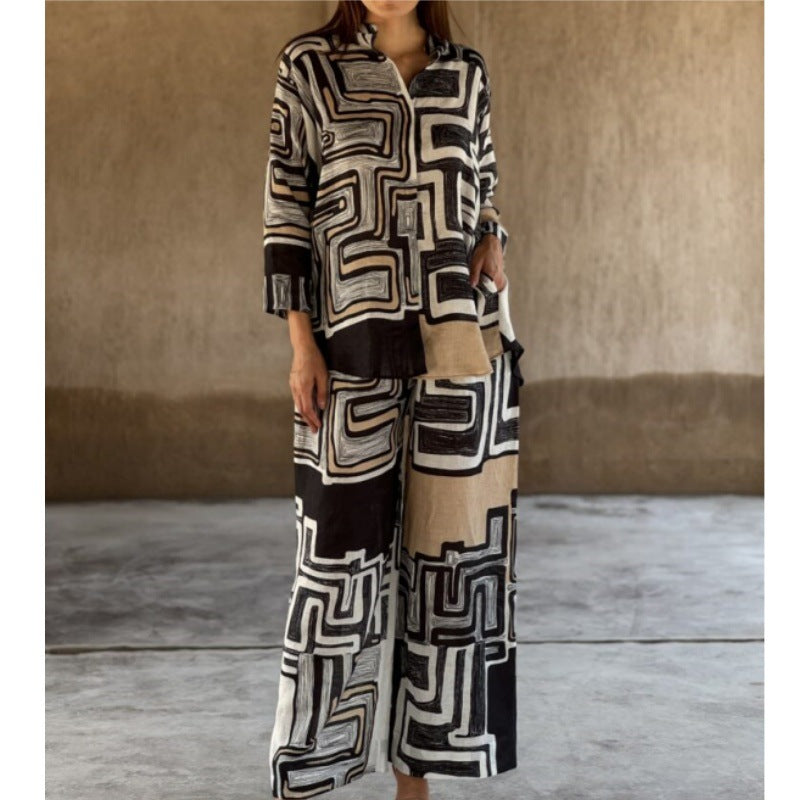 Women's Fashion Cotton Linen Printed Long Sleeve Suits
