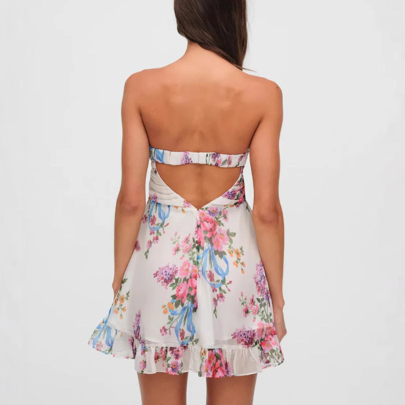 Sexy French Style Printed Translucent Floral Strapless A- Dress