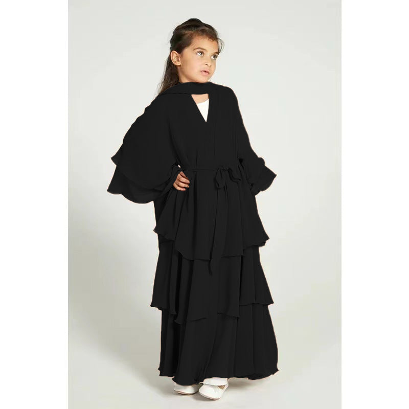 Children's Stitching Solid Color Waist Chiffon Elegant Long Dresses